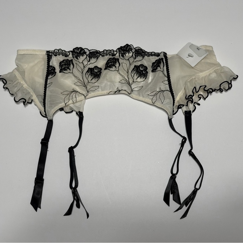 Sheer Ivory and Black Floral Embroidered Garter Belt